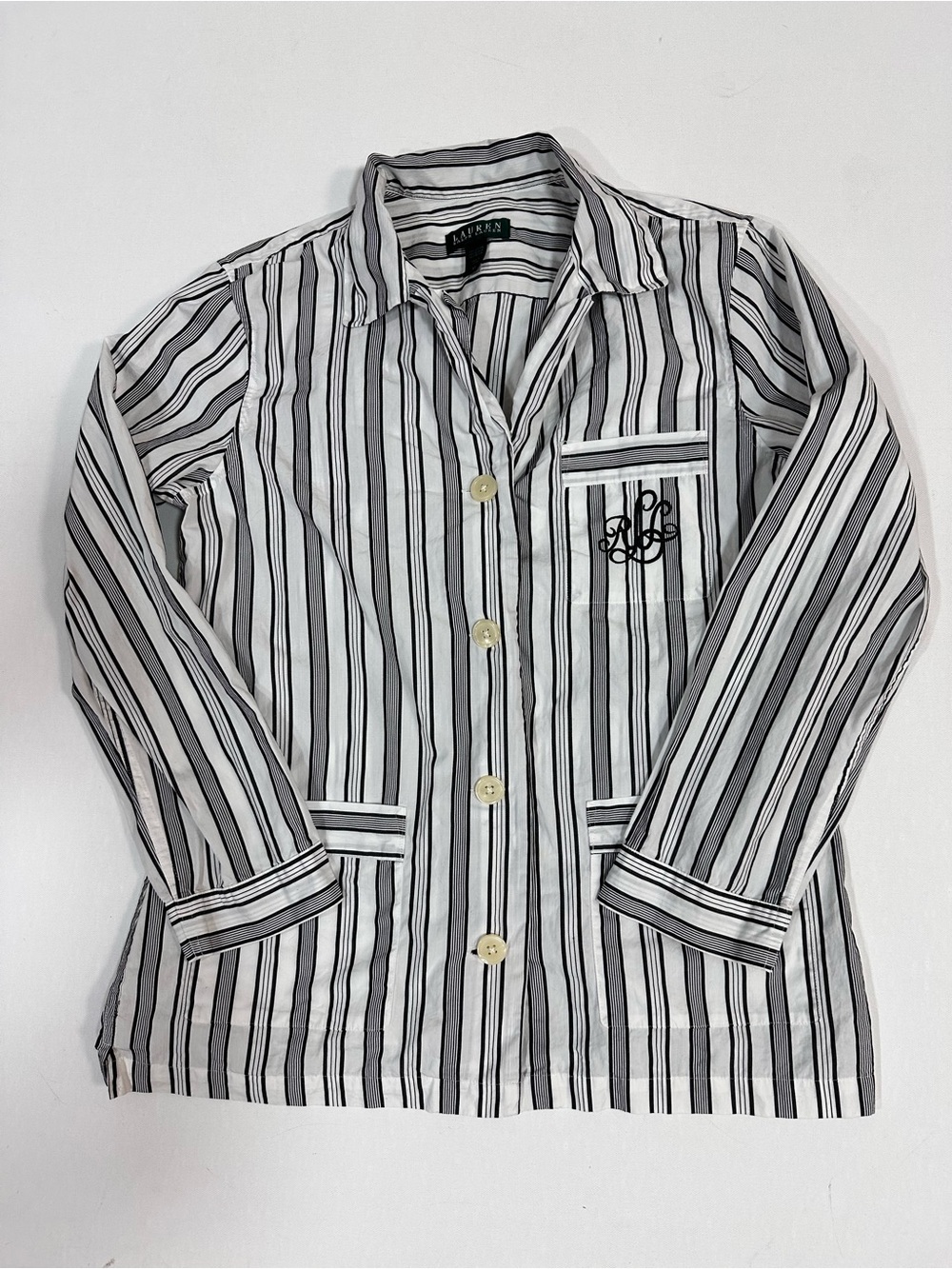 Lauren Ralph Lauren Women’s Black White Stripes Pajama Sleep Shirt Medium Logo